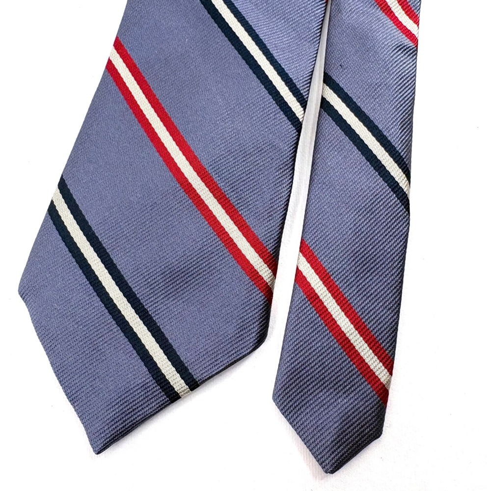 Lands End Silk Tie Blue Gray Red White Navy Diagonal Repp Stripe Made in USA